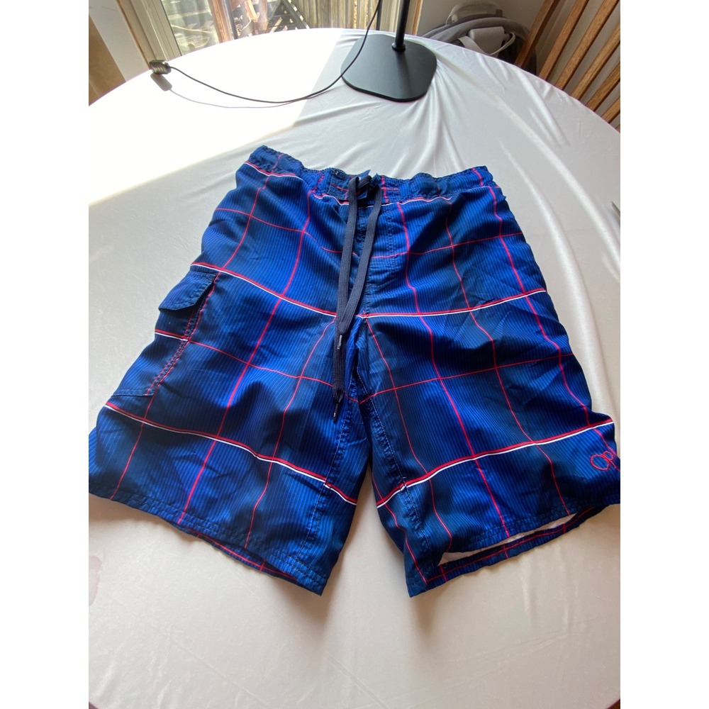 Ocean Pacific Mens Swim Trunks Navy Blue Red Grid Board Shorts Size M 32-34